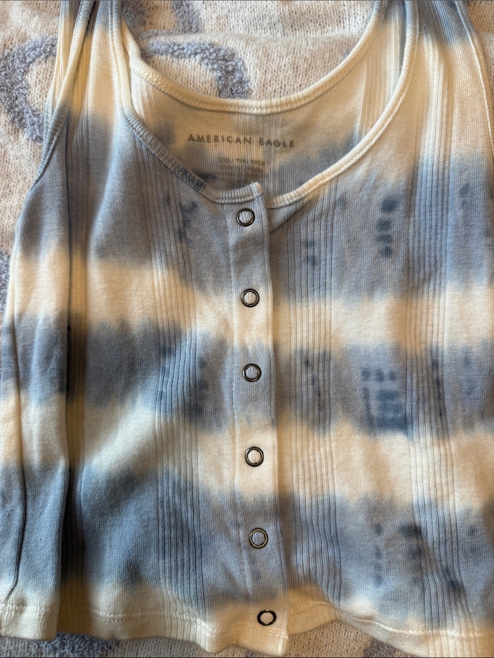 American Eagle Outfitters Blue and Cream Tie-Dye Ribbed Button Tank